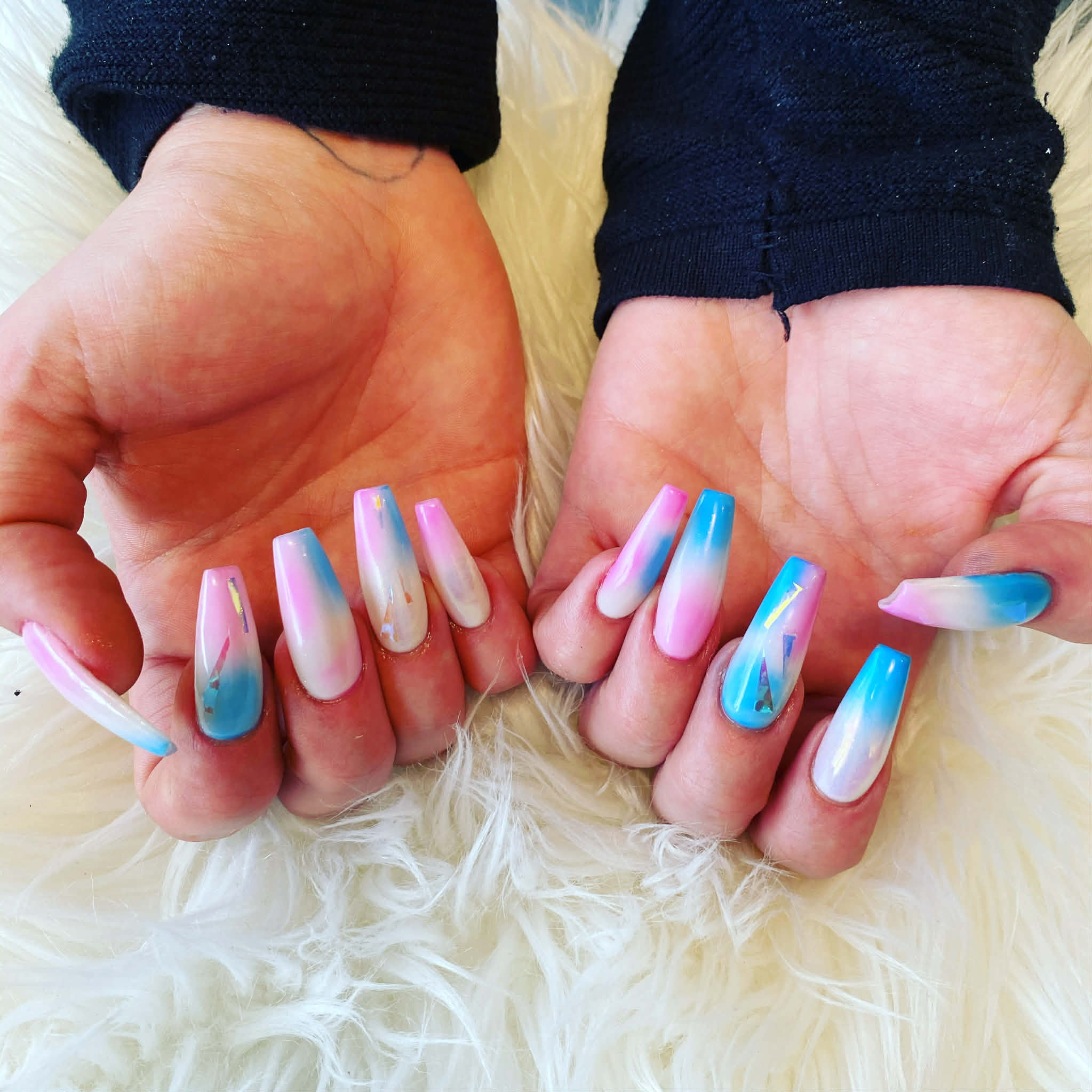 Cotton candy pink and blue ombre coffin nails by AN Nail Spa Toronto