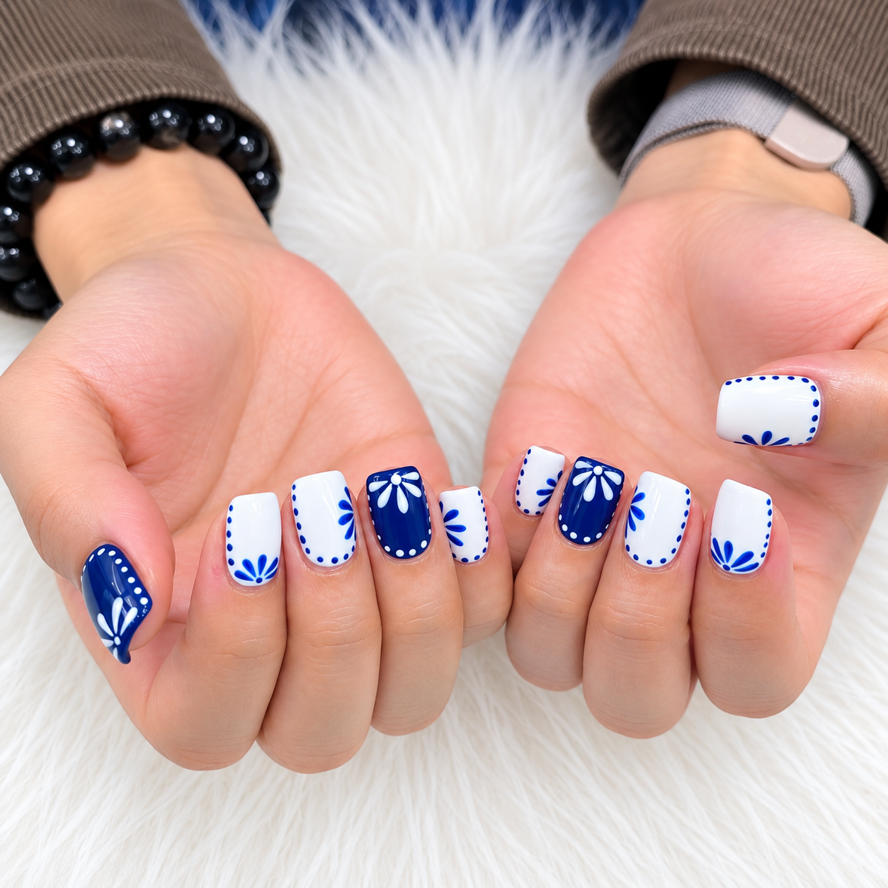 Navy blue and white floral daisy square nails by AN Nail Spa Toronto