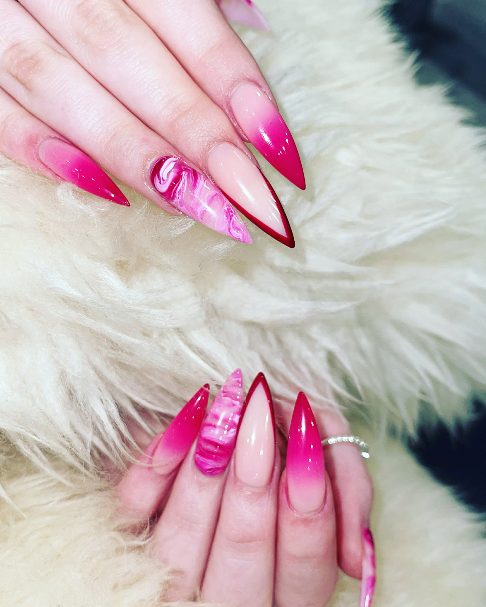 Hot pink ombre stiletto nails with marble accent by AN Nail Spa