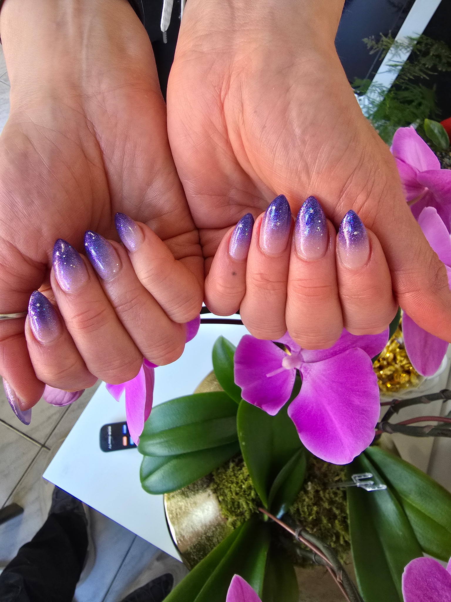 Sparkling purple ombre almond nails by AN Nail Spa Toronto